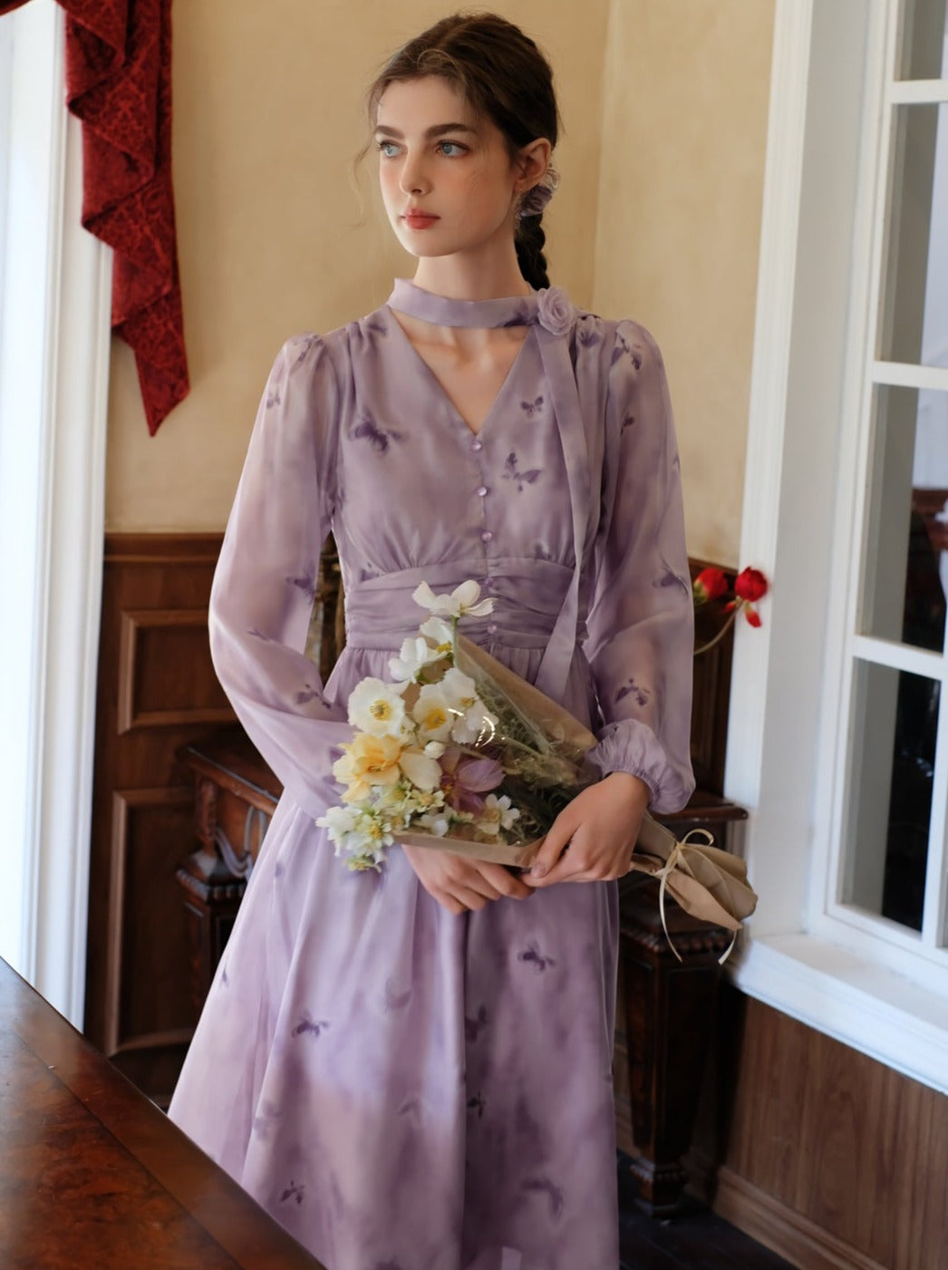 プリントドレス シフォン ブルーム フレンチ バタフライ