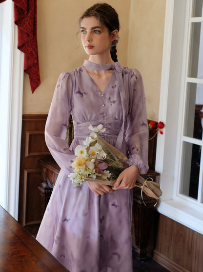 プリントドレス シフォン ブルーム フレンチ バタフライ