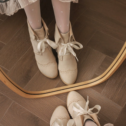 33-43 Lolita-Matching Round-Toe Block Heel Ankle Boots