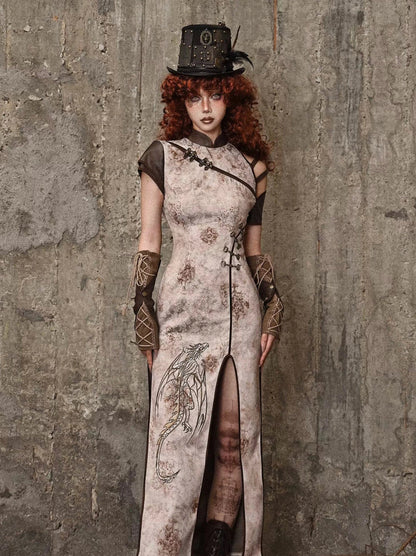 スリット入りストラップレス刺繍パンクチャイナレトロドレスドラゴン