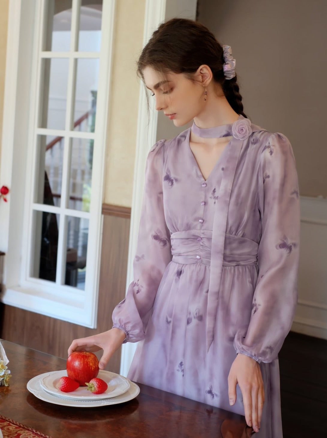 プリントドレス シフォン ブルーム フレンチ バタフライ