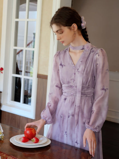 プリントドレス シフォン ブルーム フレンチ バタフライ