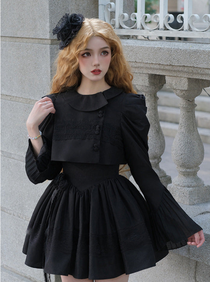 Bluse Spitze Weiß + Jacke Kleid Schwarz Schwarz Klassisches Kleid Gothic Und Nacht Rüschen Traveller