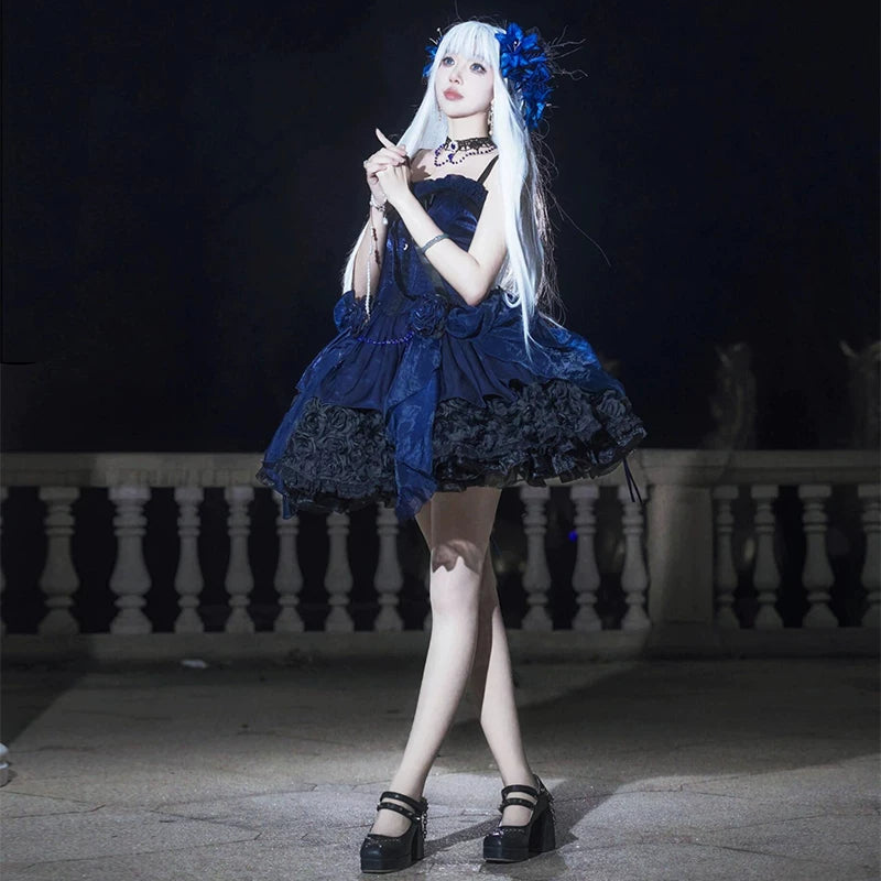 Deep blue lace-trim princess dress, full-length styled view