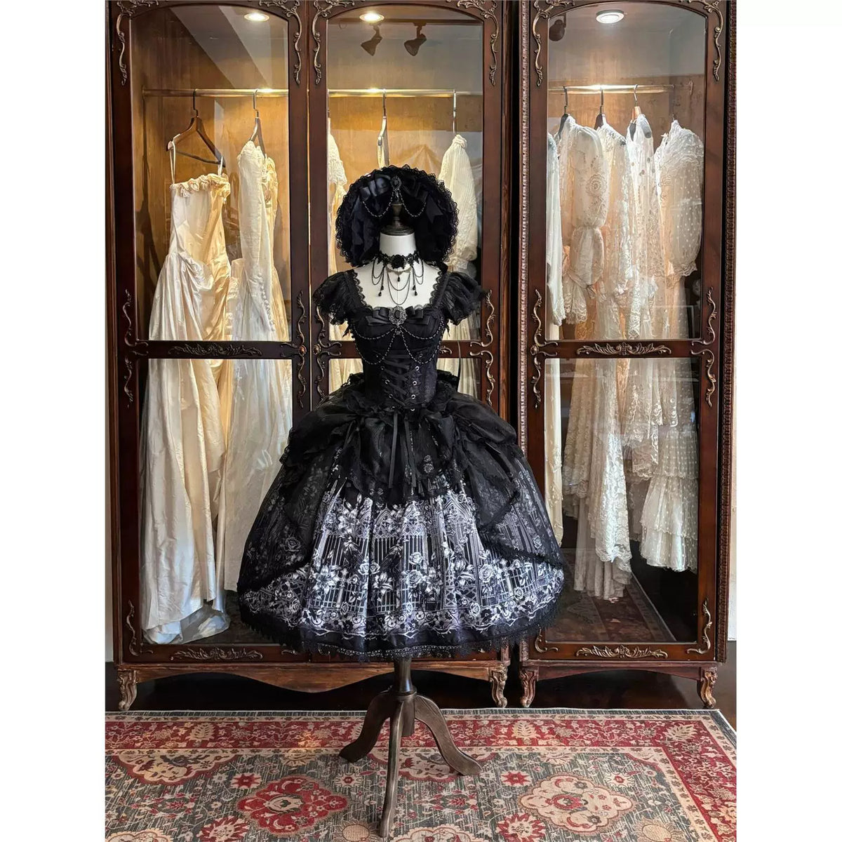 Han Guniang black Gothic Lolita JSK dress front on mannequin