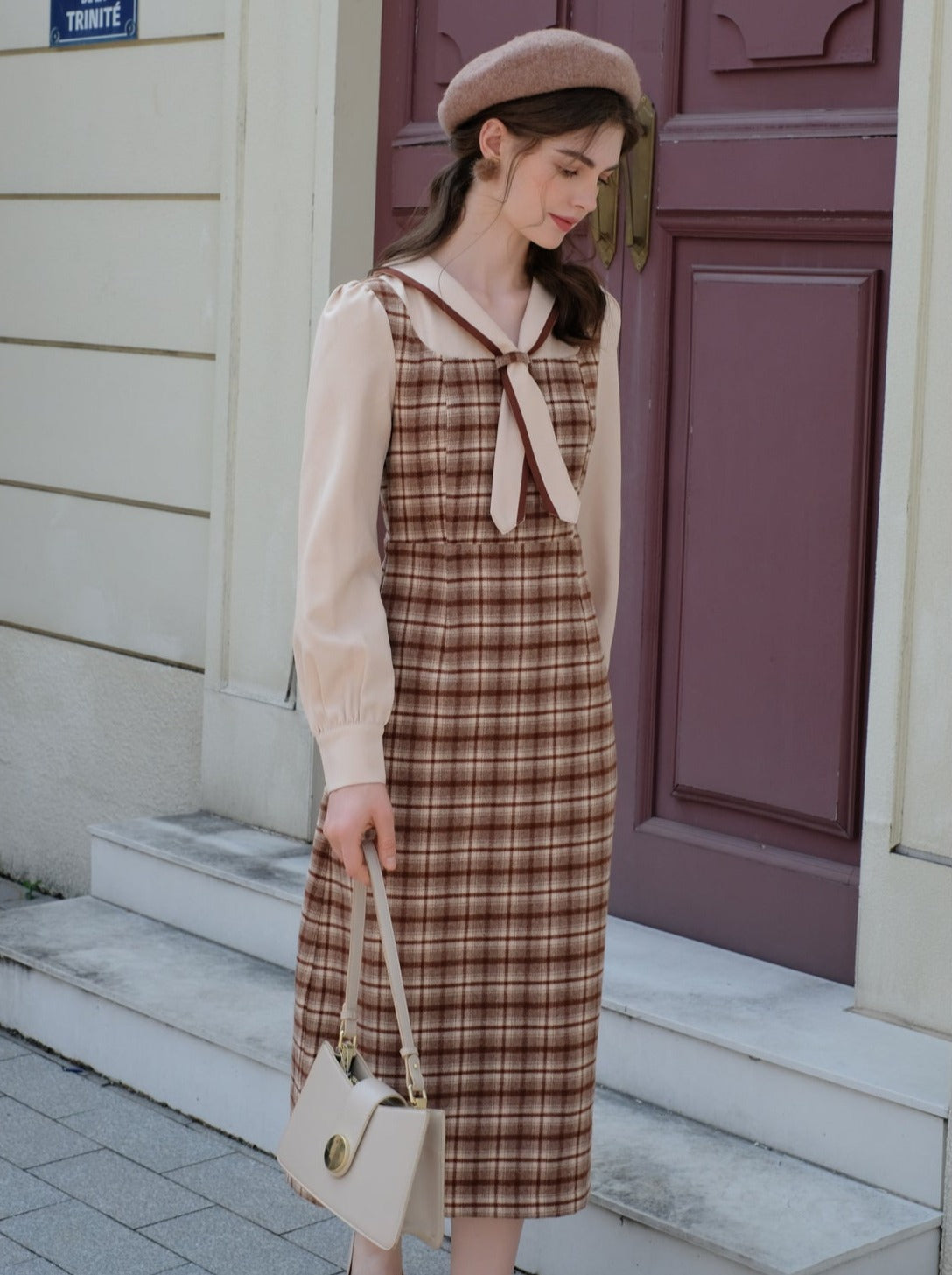 フレンチレトロピースクイーンドレスウールレトロツーフェイクマイラードフェイクチェック