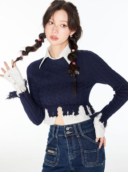 カレッジスタイルのショートダメージデザインシャツ