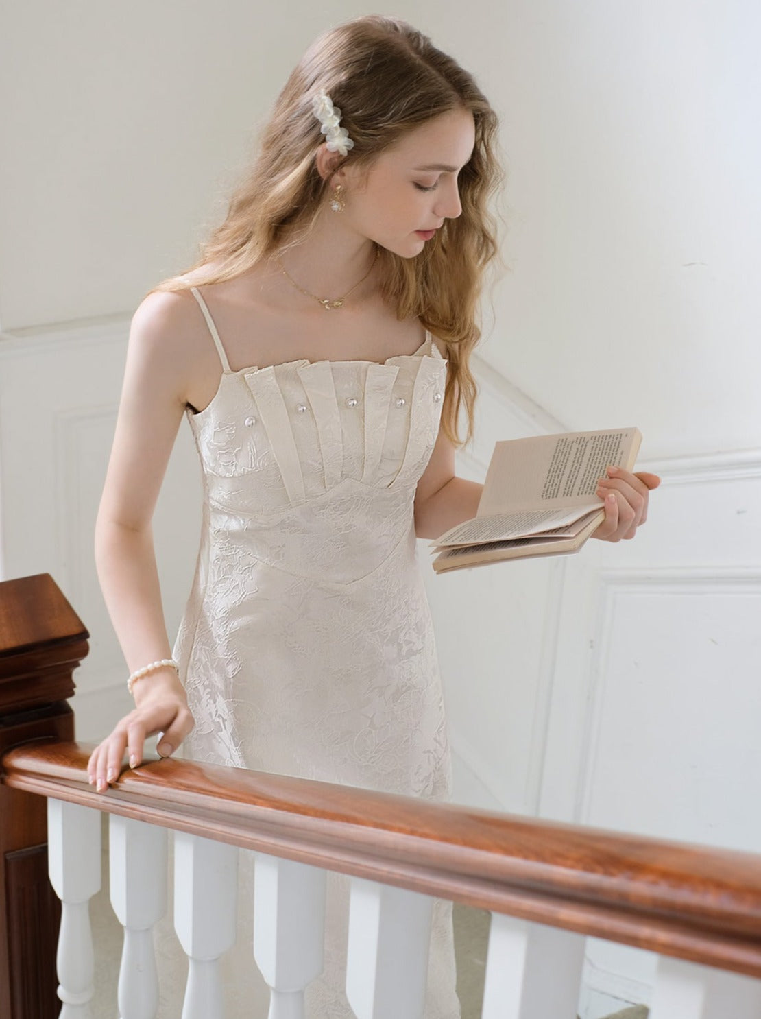 サスペンダービーズジャカードドレス フレンチロング