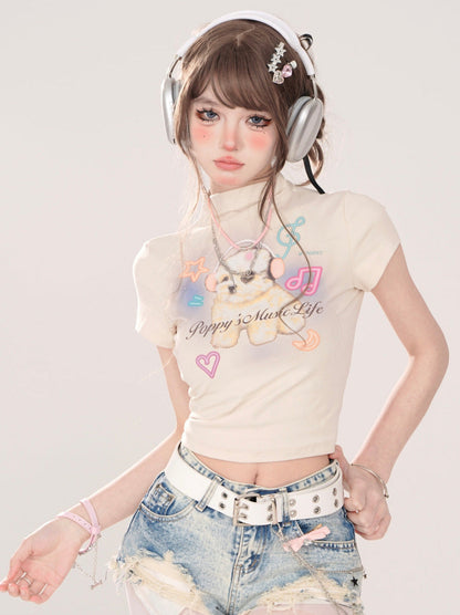 American Short T-Shirt Print Neck High Dog Little Cutie