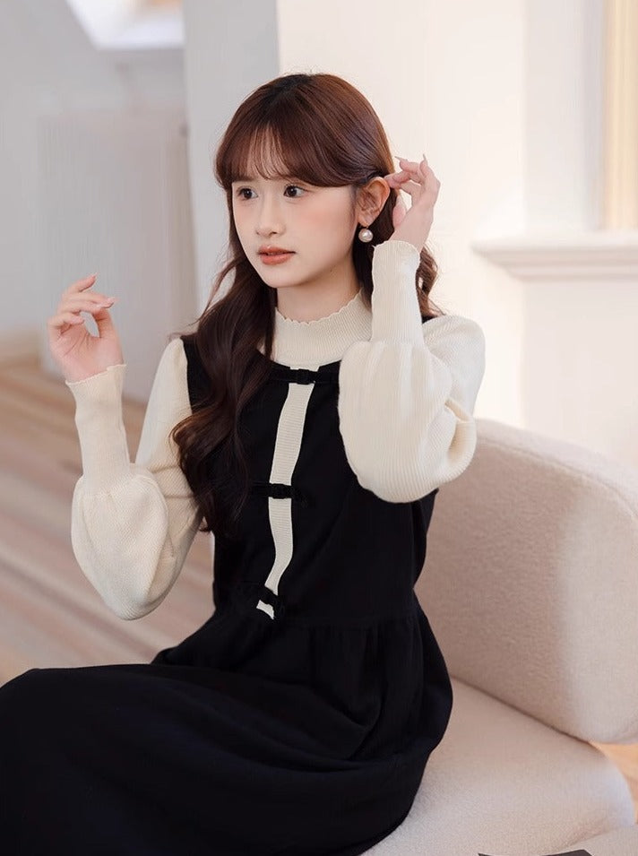 Stück Kragen Hohe Kleid Halb Zwei Kontrast Faux