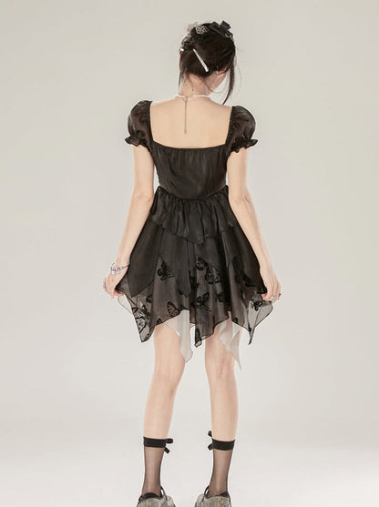 ノースリーブボウブラックパフリボンドレス