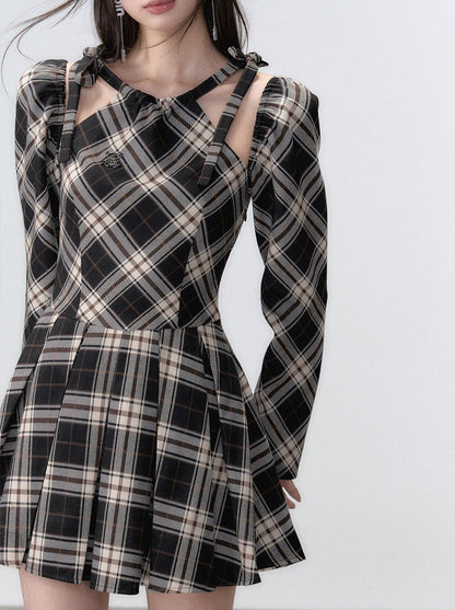 Line Ribbon Suspender Dress French Check