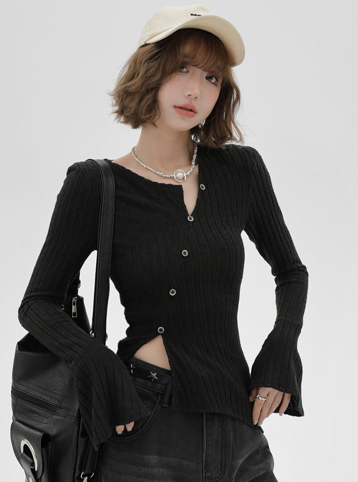 V-Knopf-Taille Slim Shirt Flaschenhals schräg