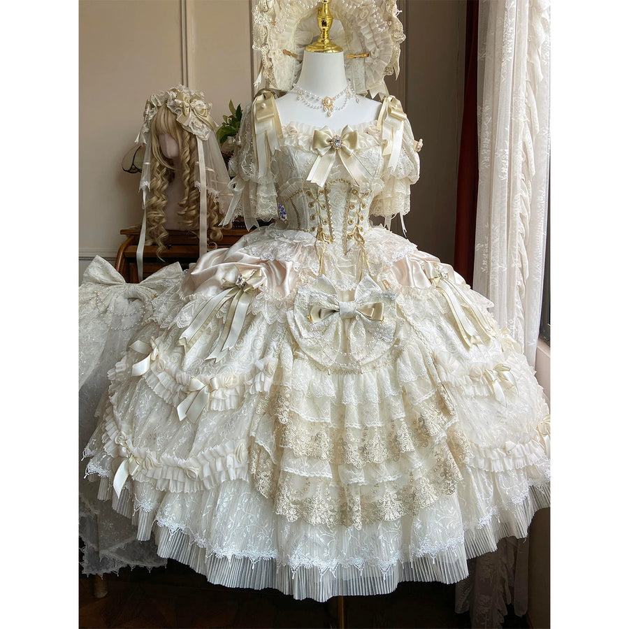 Gilded Dream ivory and gold Lolita princess dress front view