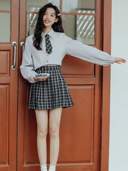 Vest College Skirt Colored Checked Knit Retro Shirt