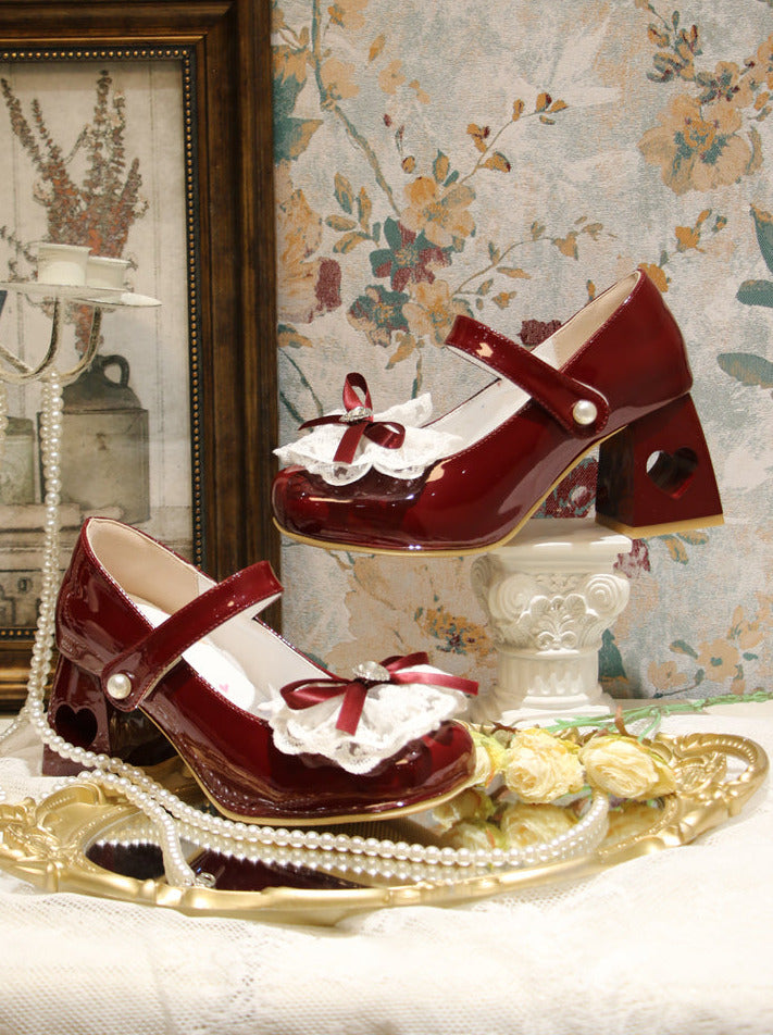 エレガントなフレンチスクエアレースリボンシューズヒールトゥロリータラブ