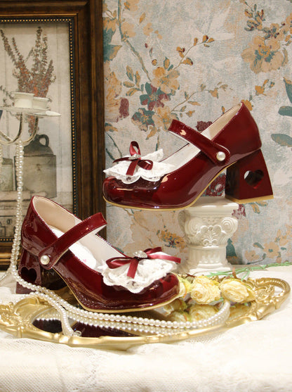 エレガントなフレンチスクエアレースリボンシューズヒールトゥロリータラブ