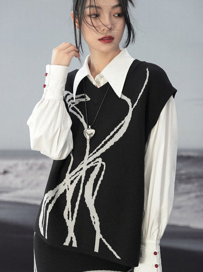 Knit Vest Flower Loose Contrast