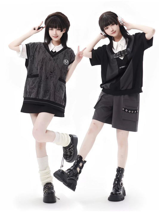 グレーのプリンストンシャツスーツ、カレッジサマーブラックベストデザイン