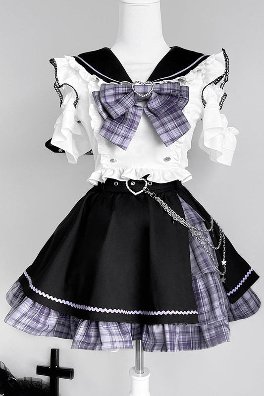 Set Sailor Flared Check Top + Skirt Mine