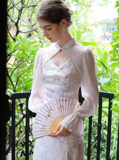 レトロなパープルフラワーのシアードレスカーディガンチャイナ