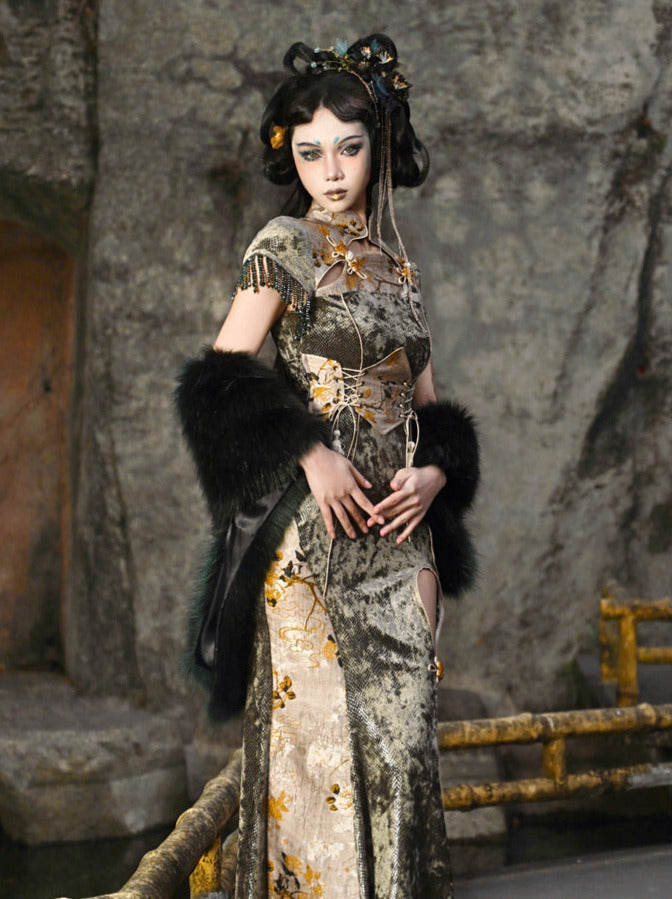 Kleid Meerjungfrau Lang Festival Drachen Chinesisch Schlitz Schnalle Schlank