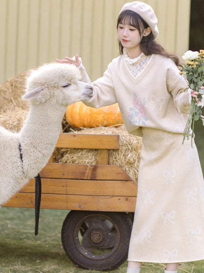 Vest Skirt Sweater + Yellow Jacquard Knit + Ribbon Knit