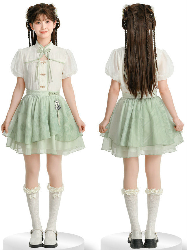 チャイナシャツスカートスリーブドレスパンダカンフーパフフーミント+シフォンセット