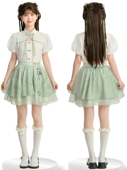 チャイナシャツスカートスリーブドレスパンダカンフーパフフーミント+シフォンセット