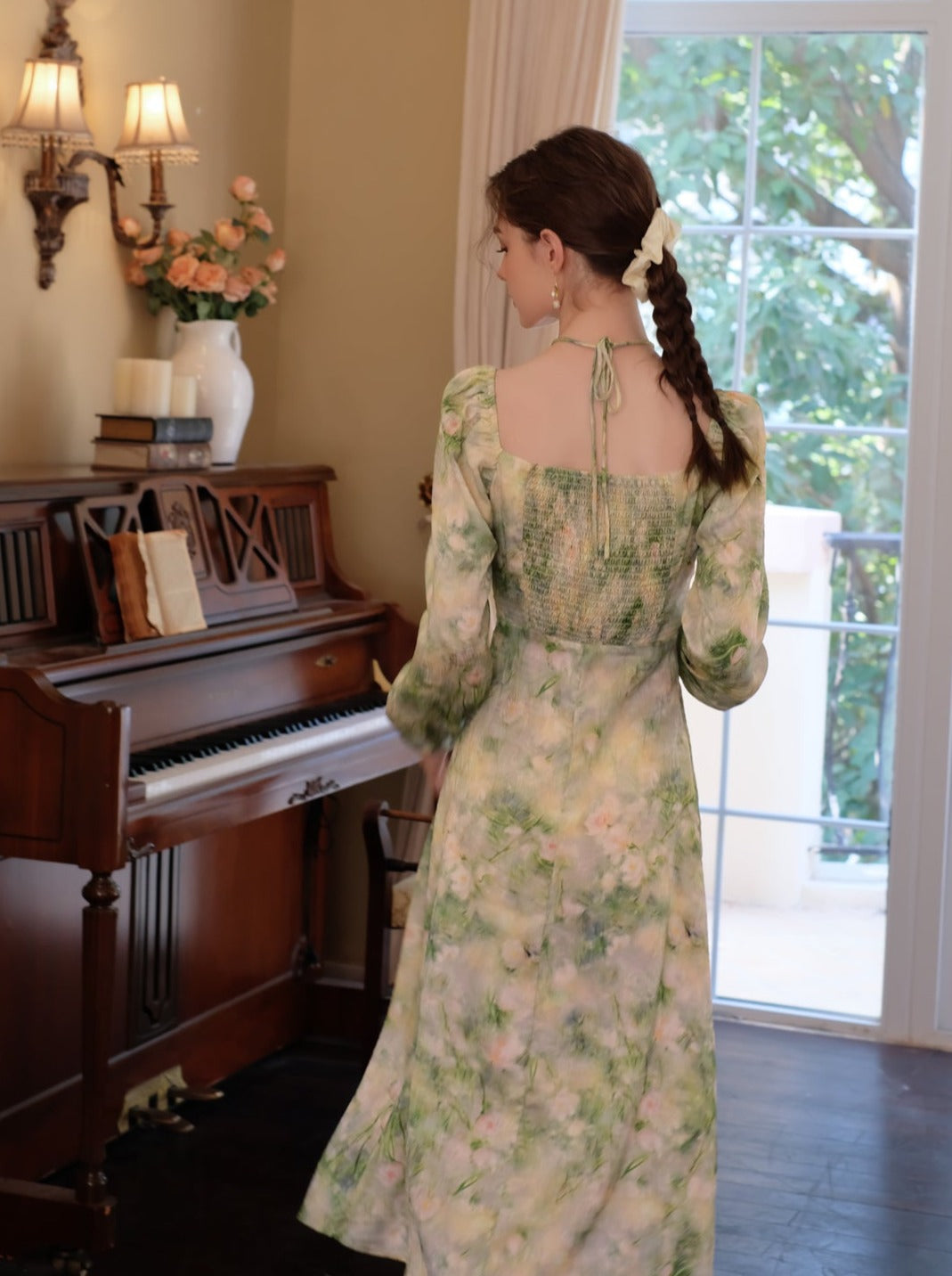 Elegant Neck Green Square Retro Dress