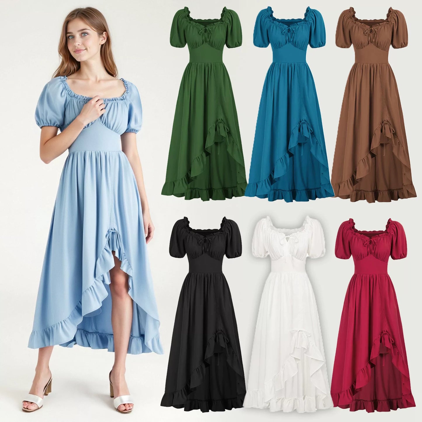 Medieval Court Short Sleeve Square Neck Dress – Irregular Hem Stage Gown