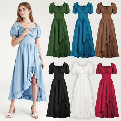 Medieval Court Short Sleeve Square Neck Dress – Irregular Hem Stage Gown