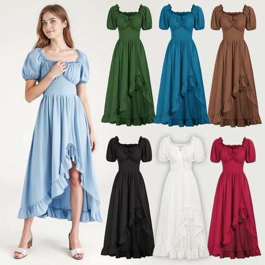 Medieval Court Short Sleeve Square Neck Dress – Irregular Hem Stage Gown