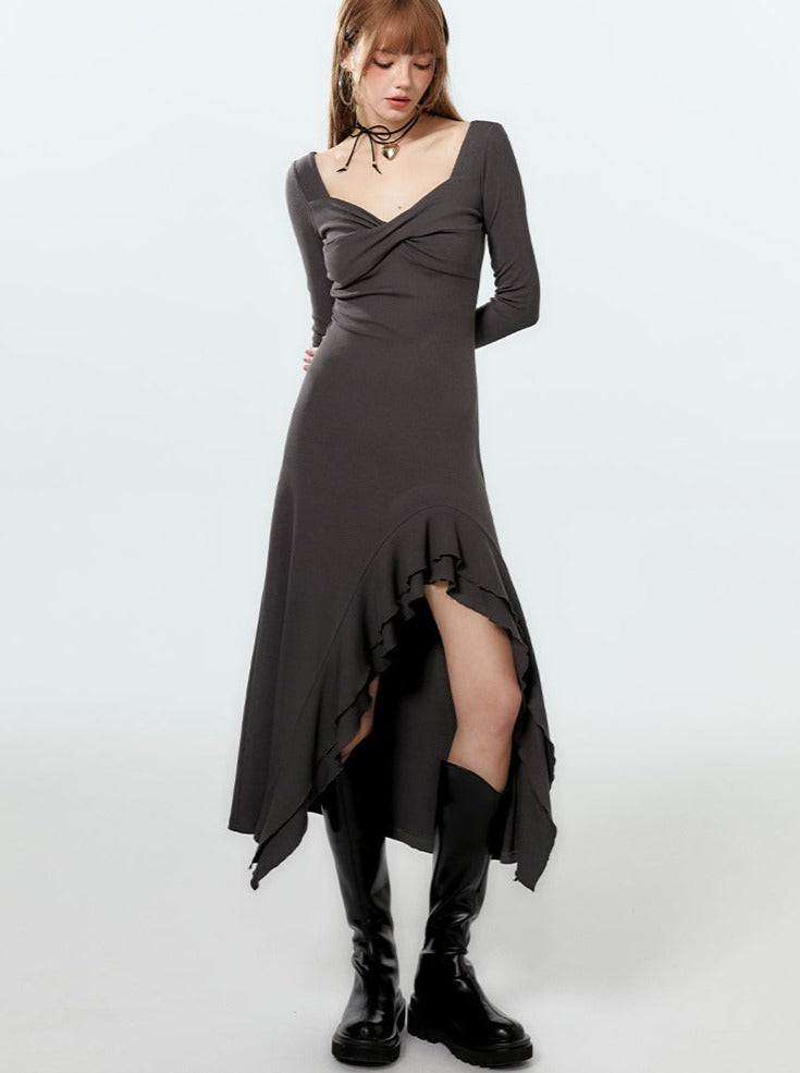 Kleid Lang Rüschen Asymmetrisch Schlitz Mode