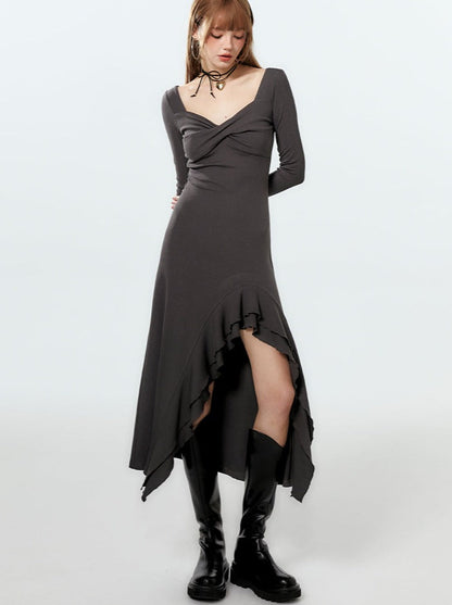 Kleid Lang Rüschen Asymmetrisch Schlitz Mode