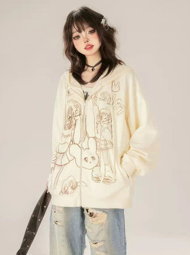 Zip Loose Print Hoodie Girls'
