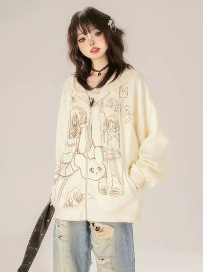 Zip Loose Print Hoodie Girls'