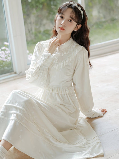 Rüschen-Gartenkleid-Cardigan, ausgestellt, Milchweiß + lang