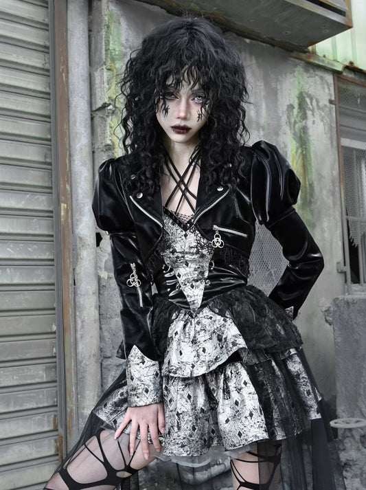 スプライシングレースジャケットパンクメッシュレザーPUショート