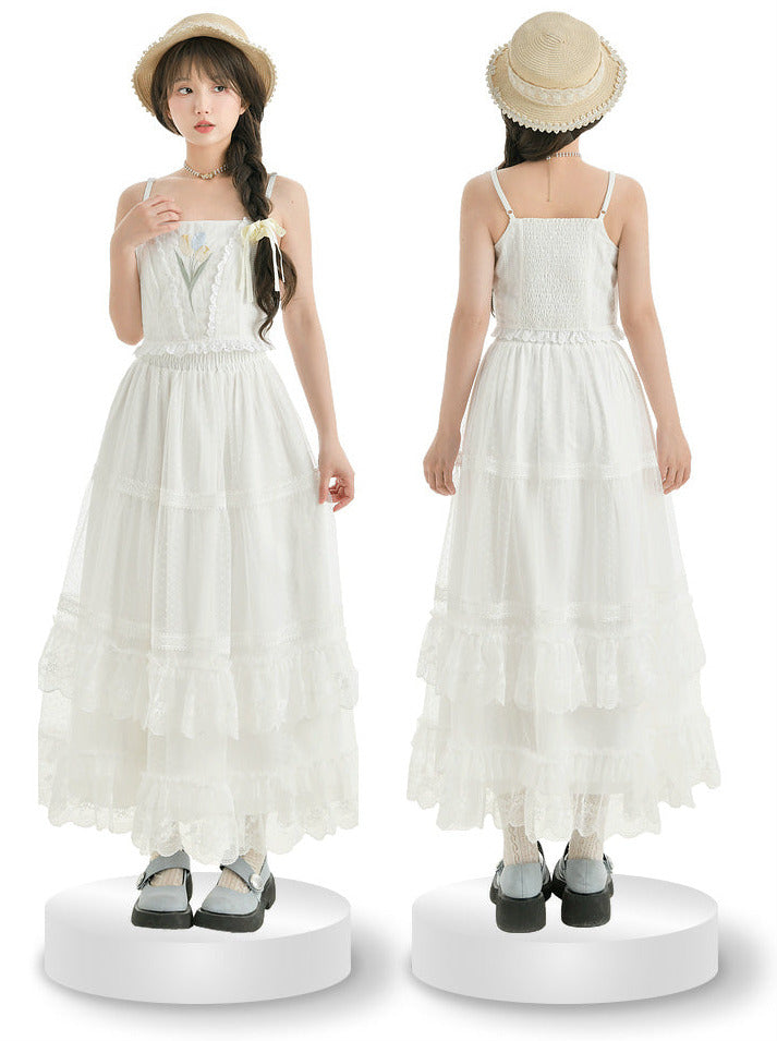 フェアリー風透かし編みニットカーディガン + キャミソールトップス + ロングケーキスカート