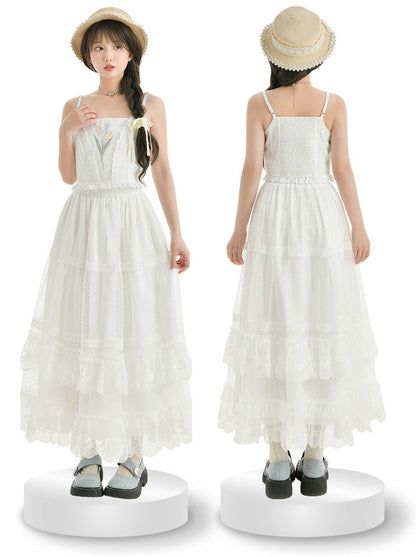 フェアリー風透かし編みニットカーディガン + キャミソールトップス + ロングケーキスカート