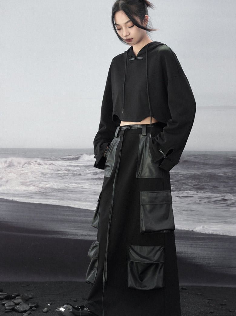 Schlitz Großer Stricktaschen Lederrock Dunkel