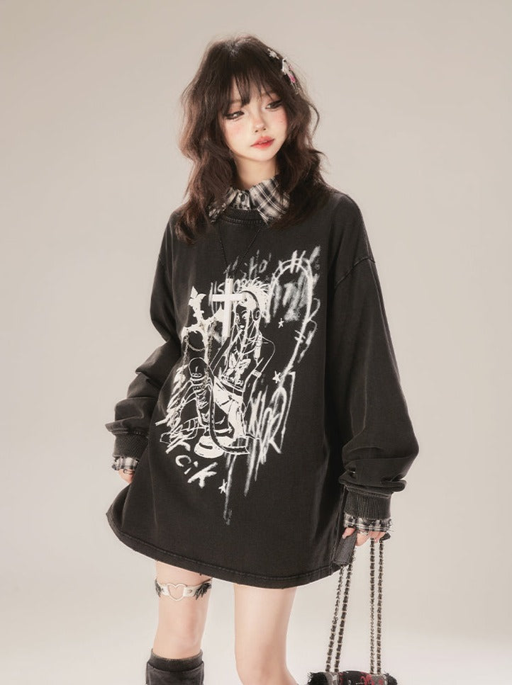 プリントトップス ネックルーズ ラウンド ダーク