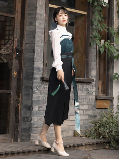 China Hosenträger Bluse Grün Dunkel + Rock + Schal