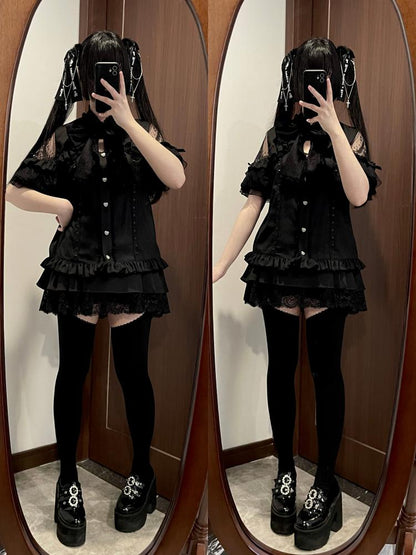 シャツ シアーリボン ショルダーレース