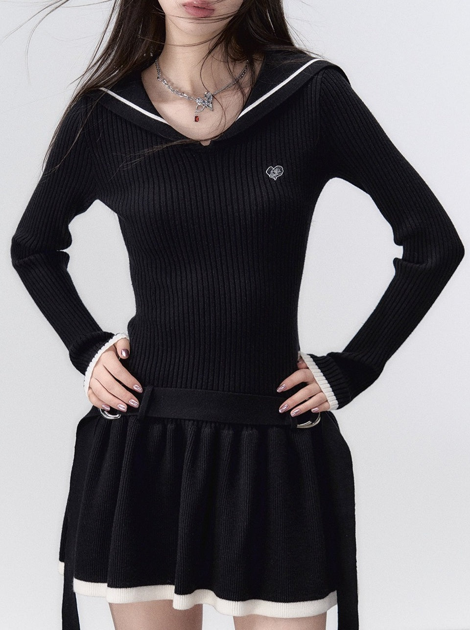 Sailor Knit Navy Color Dark Pattern Dress