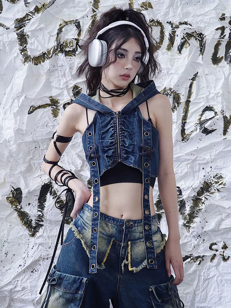 Bass Player Denim Hooded Punk Vest | WSW