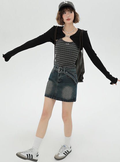 キャミソール アメリカン カーディガン ストライプ ショートピース セット トップス ブラック ツー