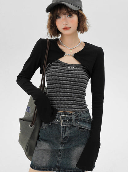 キャミソール アメリカン カーディガン ストライプ ショートピース セット トップス ブラック ツー