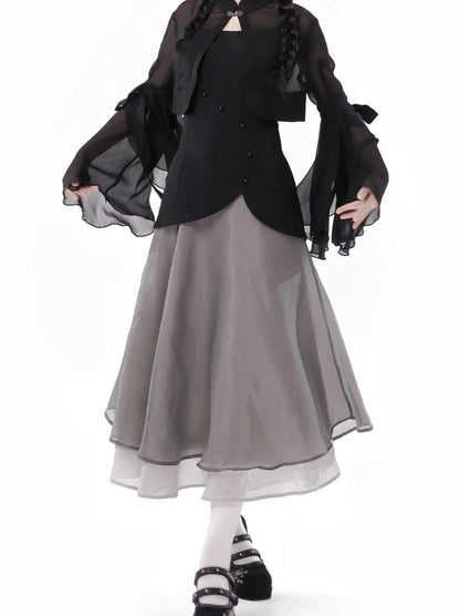 シャツトップドレス カリグラフィー シフォンサスペンダー シフォンスカート